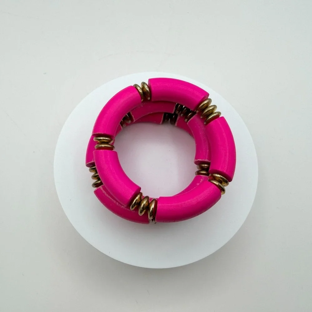 Vintage 90s Hot Pink Tube Beaded‎ Stretch Bracelet Set 3pc Gold Tone Jewelry